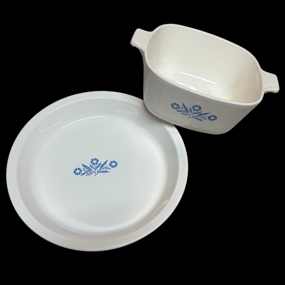 Vintage Corning Ware Pie Dish and Casserole Dish Blue Cornflower Set of 2